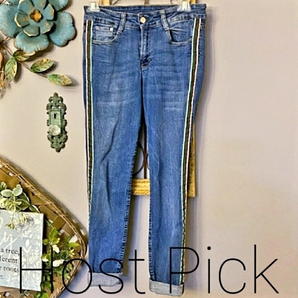 Zara Trafaluc Denimwear Red Green Side Varsity Stripe Jeans Womens 2 Frayed Hem - Picture 1 of 12